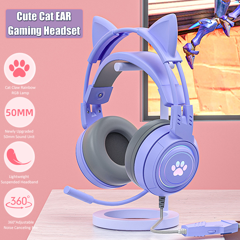 Gaming Accessories Monitor - Sevimli kedi kulak oyun mikrofonlu kulaklıklar